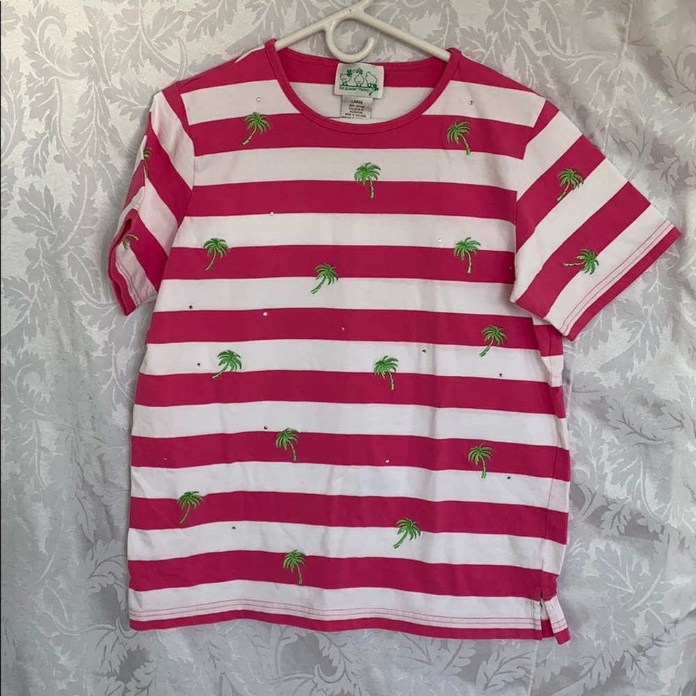 Pink and white striped palm tree tshirt,sizeL
